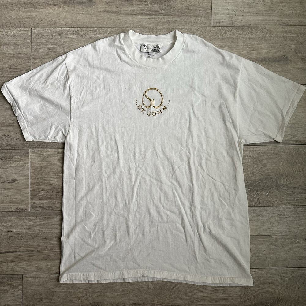 St. John Sport Shirt Womens Oversized Large White Embroidered Logo Tee Heavy